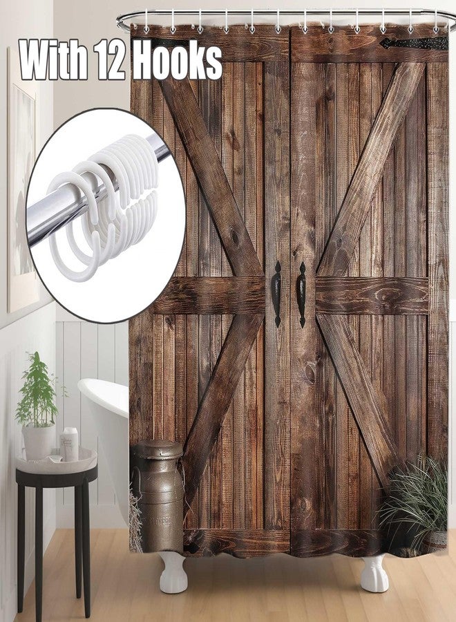 Jipusai Rustic Barn Door Shower Curtain Set for Bathroom, Farmhouse Arts Bathroom Decor Curtains, Vintage Countryside Wood Board Waterproof Fabric Bath Curtains with Hooks 70 x72 inch - Image 4