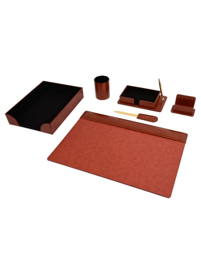 FIS Executive Desk Set, German Bonded Leather Materials, Set of 6 Pieces, Brown Color, Pack in Gift Box-FSDSEXBL181BR - Image 1