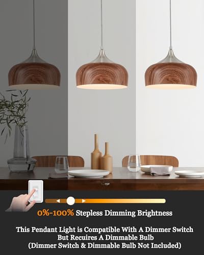 ELYONA Brushed Nickel Pendant Light Wooden Pattern Dome Pendant Light Fixture Nickel Metal Modern Adjustable Hanging Lighting for Kitchen Island Dining Room Office Hallway Foyer Bedroom, 12 Inch - Image 2