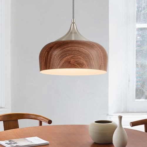 ELYONA Brushed Nickel Pendant Light Wooden Pattern Dome Pendant Light Fixture Nickel Metal Modern Adjustable Hanging Lighting for Kitchen Island Dining Room Office Hallway Foyer Bedroom, 12 Inch - Image 1