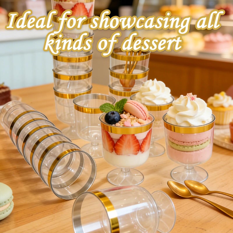 Pesilo 120 Pcs Plastic Dessert Cups with Gold Spoons, 5oz Clear Dessert Parfait Cup Appetizer Pudding Cup, Round Serving Goblet Cups with Gold Rim Shot Glasses Birthday Party Events Supplies - Image 5