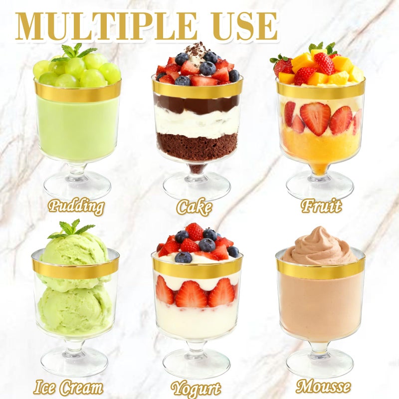 Pesilo 120 Pcs Plastic Dessert Cups with Gold Spoons, 5oz Clear Dessert Parfait Cup Appetizer Pudding Cup, Round Serving Goblet Cups with Gold Rim Shot Glasses Birthday Party Events Supplies - Image 4