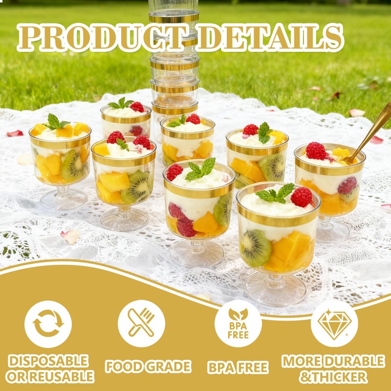 Pesilo 120 Pcs Plastic Dessert Cups with Gold Spoons, 5oz Clear Dessert Parfait Cup Appetizer Pudding Cup, Round Serving Goblet Cups with Gold Rim Shot Glasses Birthday Party Events Supplies - Image 3