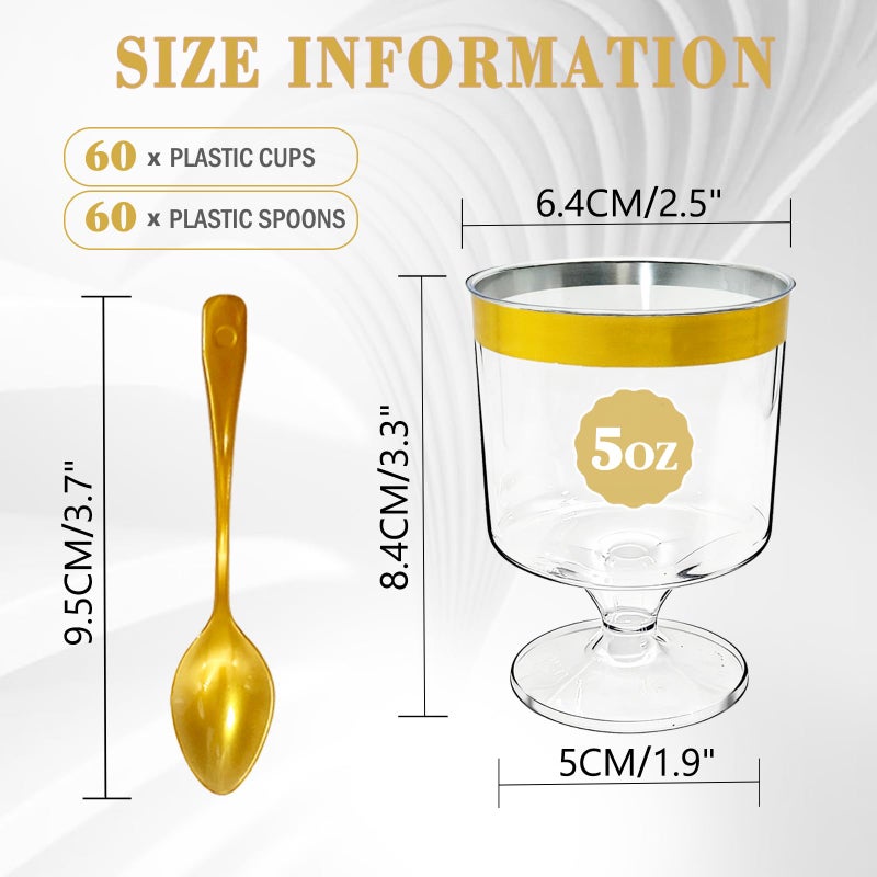 Pesilo 120 Pcs Plastic Dessert Cups with Gold Spoons, 5oz Clear Dessert Parfait Cup Appetizer Pudding Cup, Round Serving Goblet Cups with Gold Rim Shot Glasses Birthday Party Events Supplies - Image 2