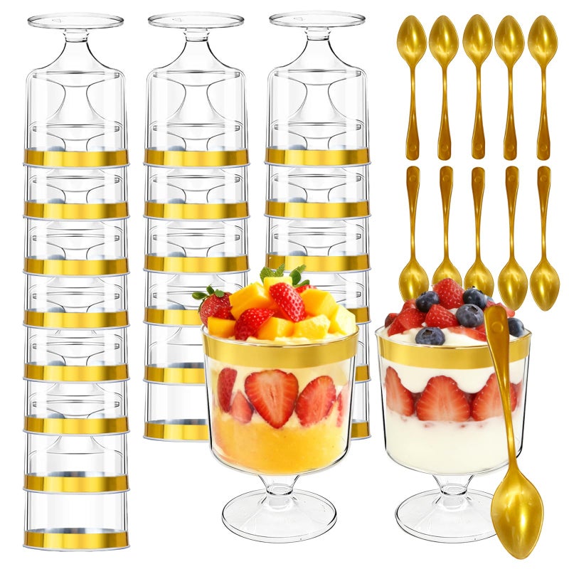Pesilo 120 Pcs Plastic Dessert Cups with Gold Spoons, 5oz Clear Dessert Parfait Cup Appetizer Pudding Cup, Round Serving Goblet Cups with Gold Rim Shot Glasses Birthday Party Events Supplies - Image 1
