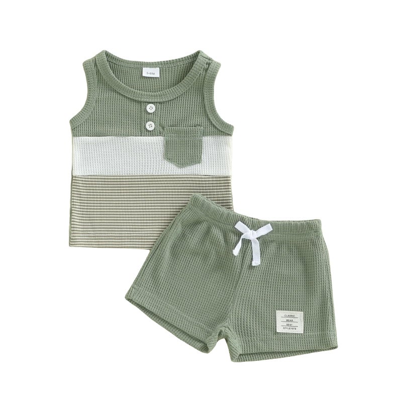 Thorn Tree Baby Boy Summer Clothes Contrast Color Sleeveless Tops Elastic Waist Shorts Toddler Outfits Cute Set (Green, 9-12 Months) - Image 1