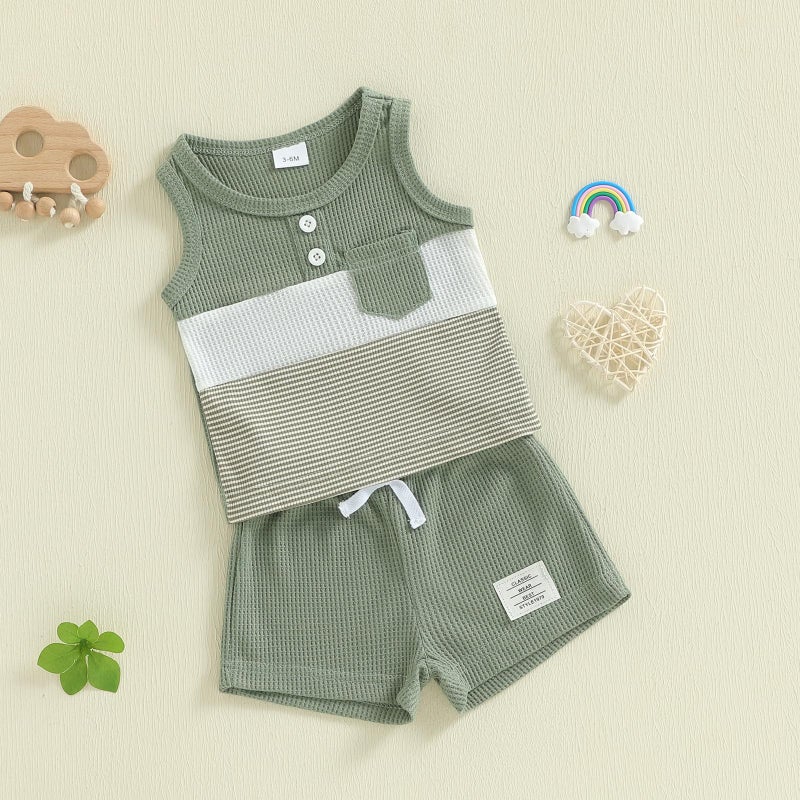 Thorn Tree Baby Boy Summer Clothes Contrast Color Sleeveless Tops Elastic Waist Shorts Toddler Outfits Cute Set (Green, 9-12 Months) - Image 3
