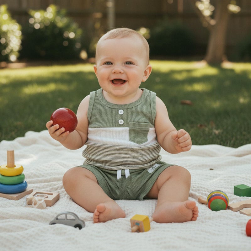 Thorn Tree Baby Boy Summer Clothes Contrast Color Sleeveless Tops Elastic Waist Shorts Toddler Outfits Cute Set (Green, 9-12 Months) - Image 2