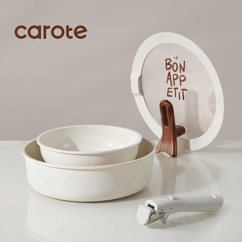 CAROTE طقم أواني ومقالي سيراميك CAROTE غير لاصقة، أطقم أواني مطبخ غير لاصقة مع غطاء، طقم مقلاة قابلة للفصل، مقلاة قلي غير سامة، آمنة للاستخدام في الفرن، جاهزة للاستخدام مع الحث، أبيض كريمي - Image 3