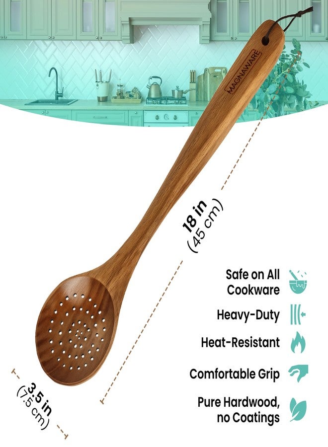 MAGNAWARE 18 Inch Long Wooden Slotted Spoon for Cooking, Acacia Wood Spoon with Holes - Image 3