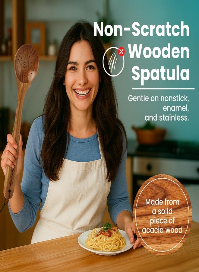 MAGNAWARE 18 Inch Long Wooden Slotted Spoon for Cooking, Acacia Wood Spoon with Holes - Image 2