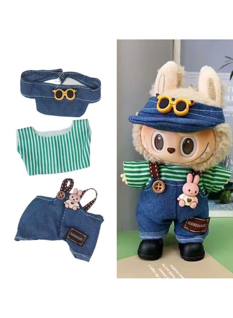 LABUBU Labubu Forest Denim Overalls Set with Cap & T-Shirt for 17cm Doll - Blue Stripes, Bunny Plush & Sunglasses (Doll/Shoes Not Incl.) 