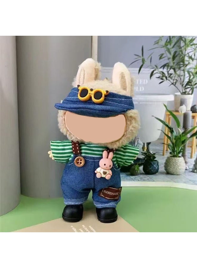 Forest Denim Overalls Set with Cap & T-Shirt for 17cm Doll - Blue Stripes, Bunny Plush & Sunglasses (Doll/Shoes Not Incl.) - Image 1