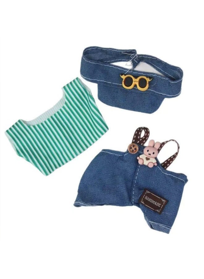 Forest Denim Overalls Set with Cap & T-Shirt for 17cm Doll - Blue Stripes, Bunny Plush & Sunglasses (Doll/Shoes Not Incl.) - Image 2