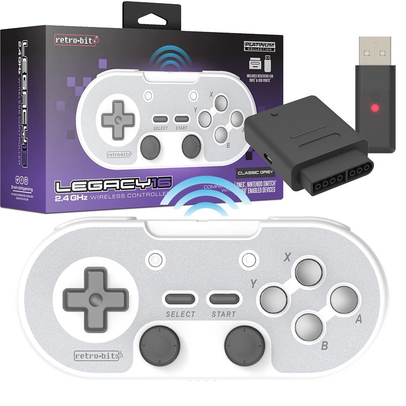 Retro Bit Legacy 16 Wireless 2.4GHz Controller for SNES, Switch, PC, MacOS, RetroPie, Raspberry Pi and Other USB Devices (Classsic Gray) - Image 1