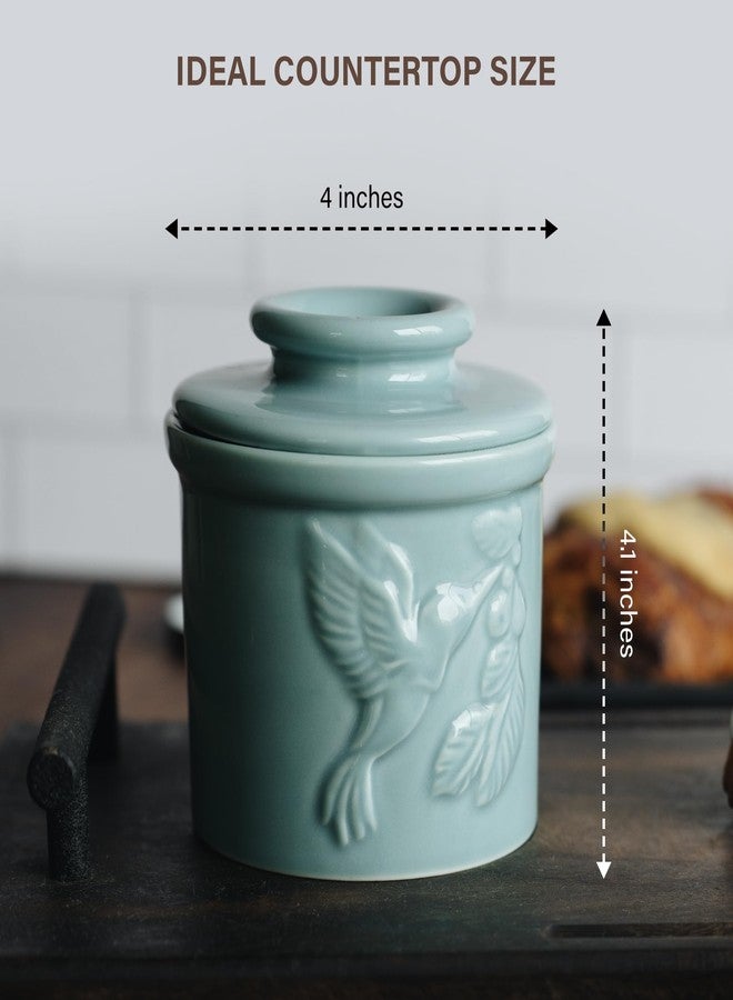 جي بي كيه بوتري وعاء زبدة خزفي من JBK Pottery مع غطاء - لحفظ الزبدة الطازجة والطرية القابلة للدهن، بتصميم فرنسي كلاسيكي - مثالي للتخزين على سطح المطبخ، رائع للاستخدام اليومي، سهل التنظيف - 4 بوصات × 4.1 بوصة - لون أزرق مخضر - Image 5