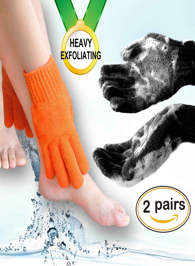 MIG4U Exfoliating Shower Gloves for Bath, Premium Nylon Body Wash Bathing Gloves for Men Women Spa, Massage and Skin Scrub, Dead Skin Remover with Hanging Loop, 2 Pairs, Black&Orange, Regular Size - Image 1