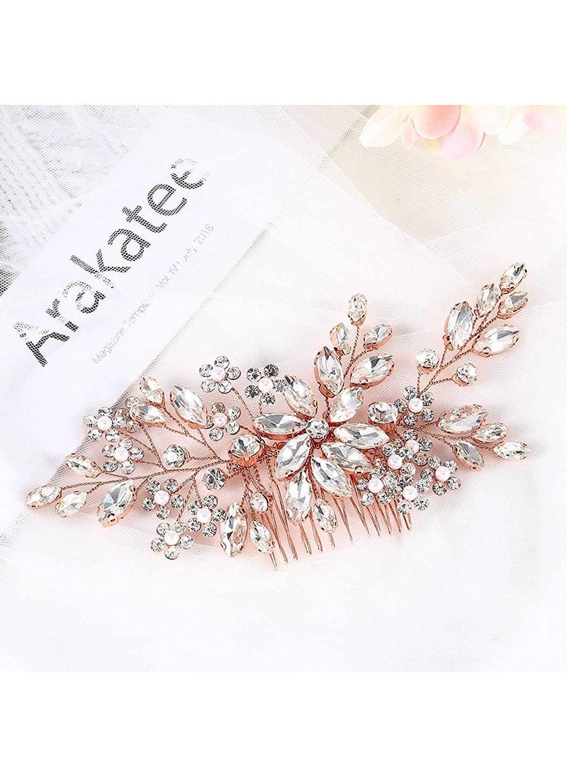 Catery Catery Crystal Bridal Hair Comb Rose Gold Rhinestones Hairpiece Flower Wedding Clips Accessoires for Brides and WomenRose Gold 