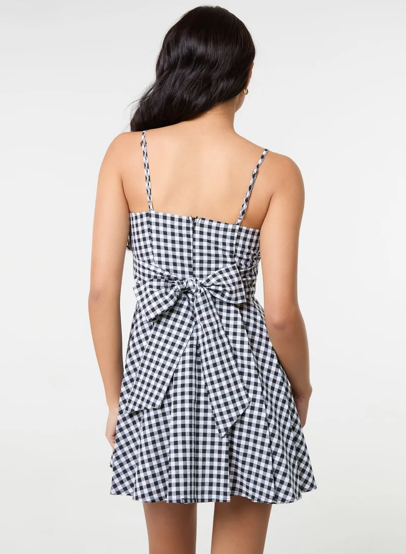 بينك فانيلا فستان قصير كاروهات بظهر فيونكة