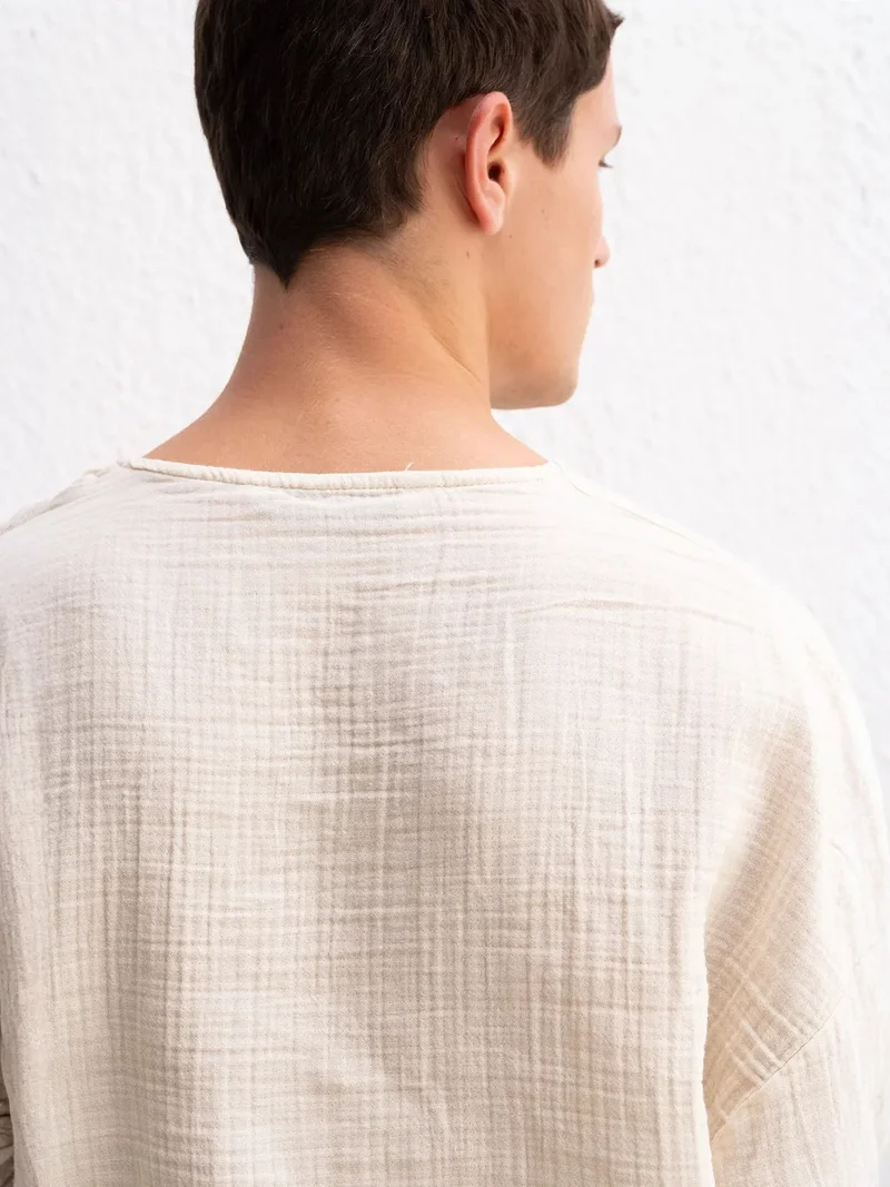 Giesto Beige Natural GIESTO Muslin Crew Neck Long Sleeve T-Shirt for Men | Best Price UAE