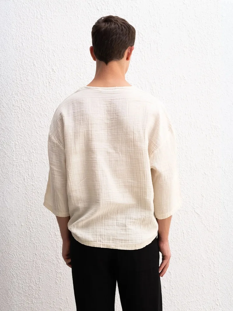 Giesto Beige Natural GIESTO Muslin Crew Neck Long Sleeve T-Shirt for Men | Best Price UAE