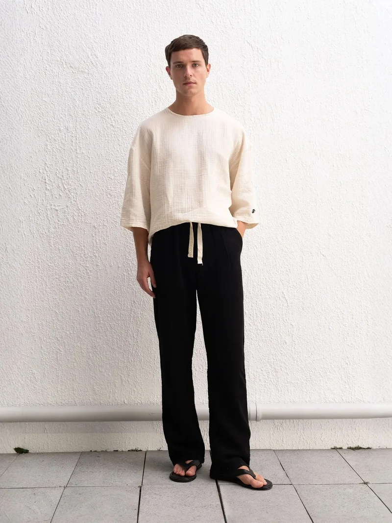 Giesto Beige Natural GIESTO Muslin Crew Neck Long Sleeve T-Shirt for Men | Best Price UAE