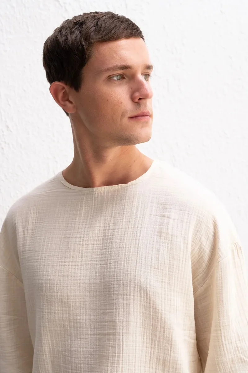Giesto Beige Natural GIESTO Muslin Crew Neck Long Sleeve T-Shirt for Men | Best Price UAE