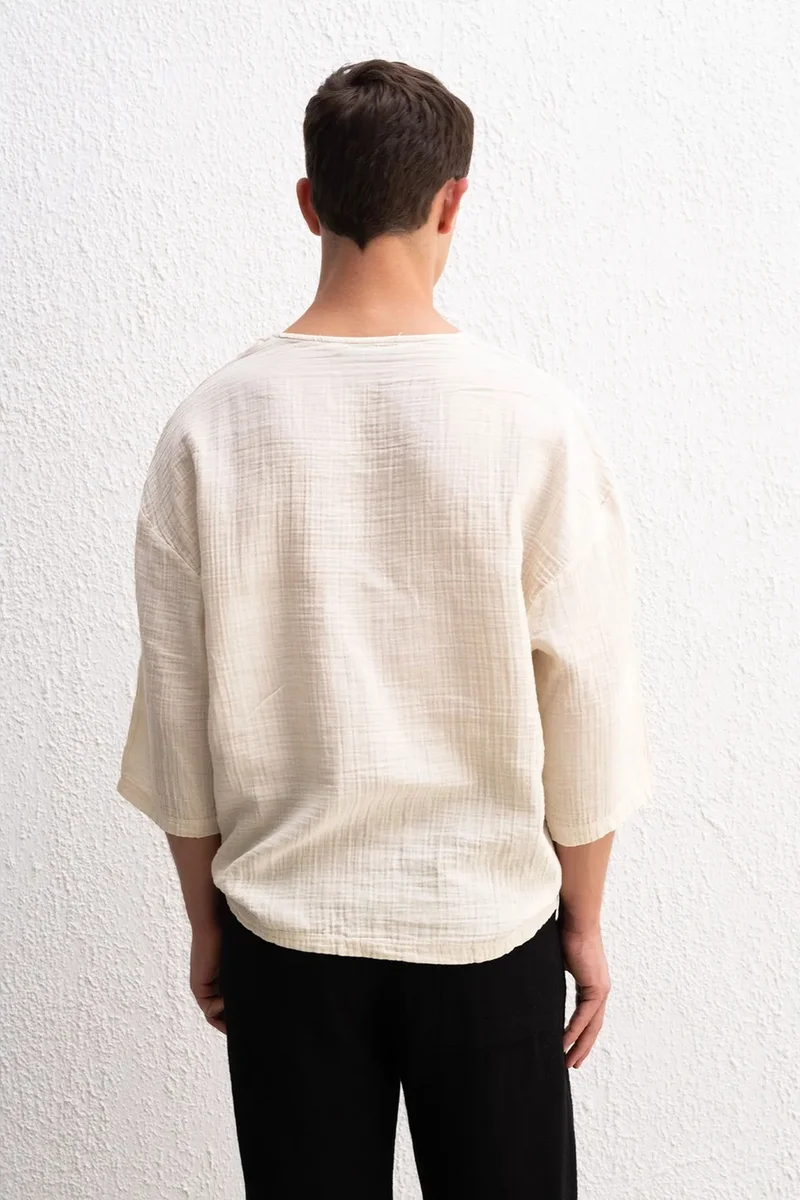 Giesto Beige Natural GIESTO Muslin Crew Neck Long Sleeve T-Shirt for Men | Best Price UAE
