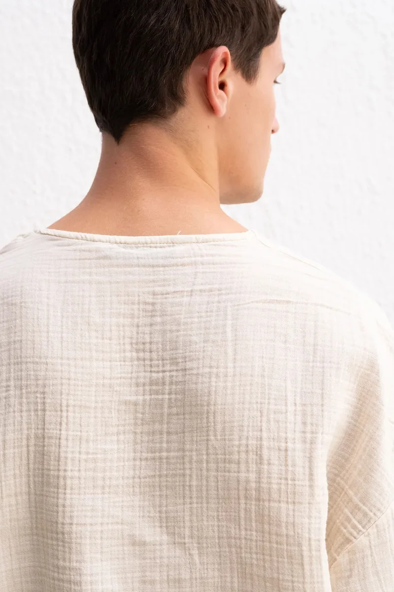 Giesto Beige Natural GIESTO Muslin Crew Neck Long Sleeve T-Shirt for Men | Best Price UAE