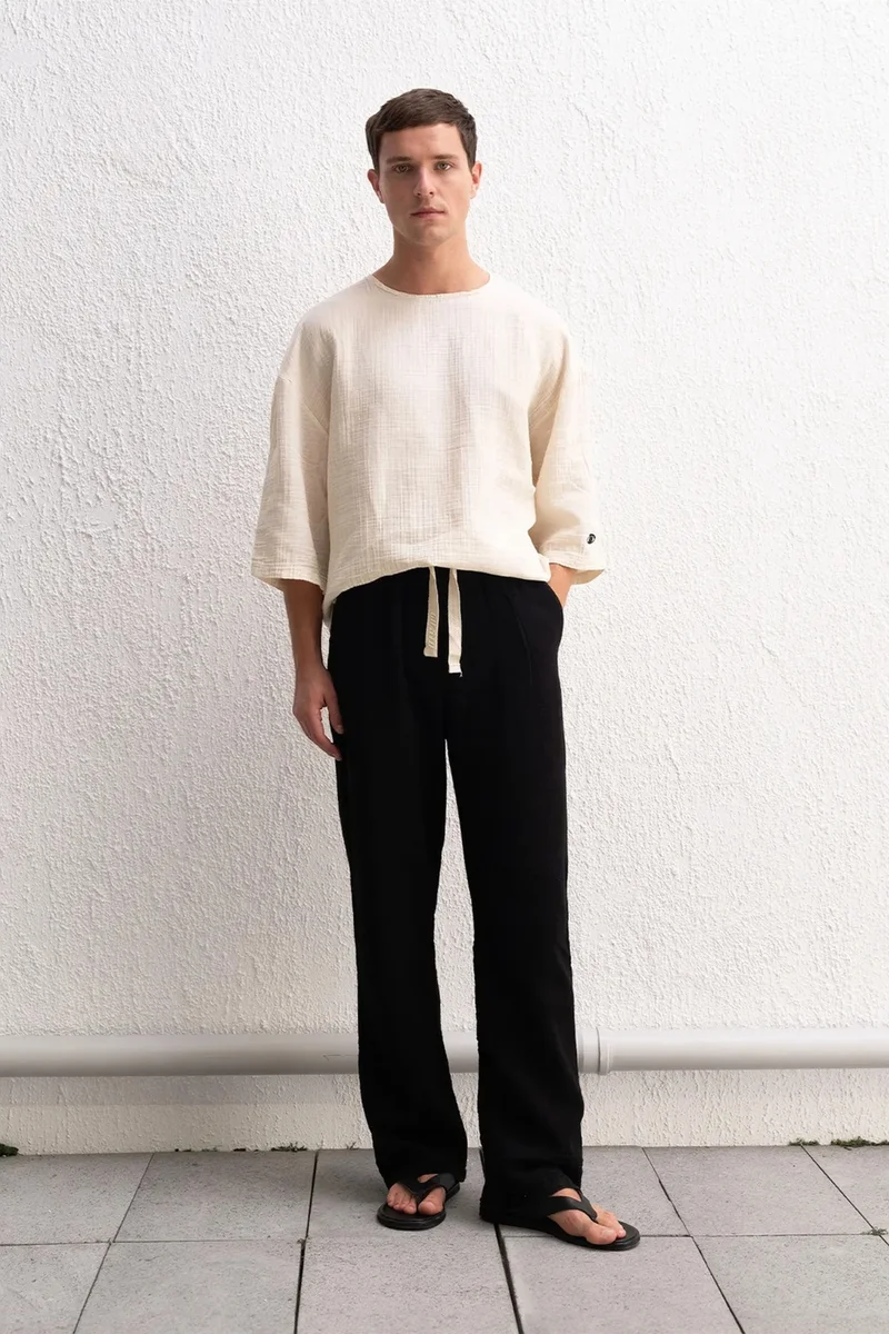 Giesto Beige Natural GIESTO Muslin Crew Neck Long Sleeve T-Shirt for Men | Best Price UAE