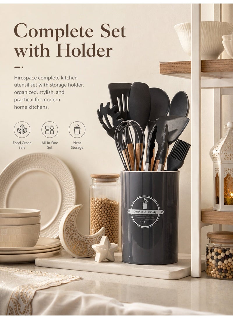 Hirospace 12-Piece Silicone Cooking Utensils Set with Wooden Handles-Large Grey Kitchen Spoon Set - Image 3