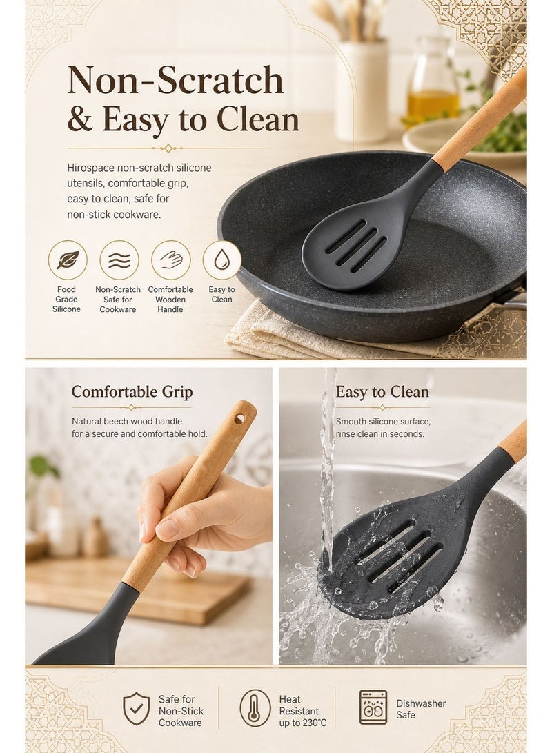 Hirospace 12-Piece Silicone Cooking Utensils Set with Wooden Handles-Large Grey Kitchen Spoon Set - Image 2