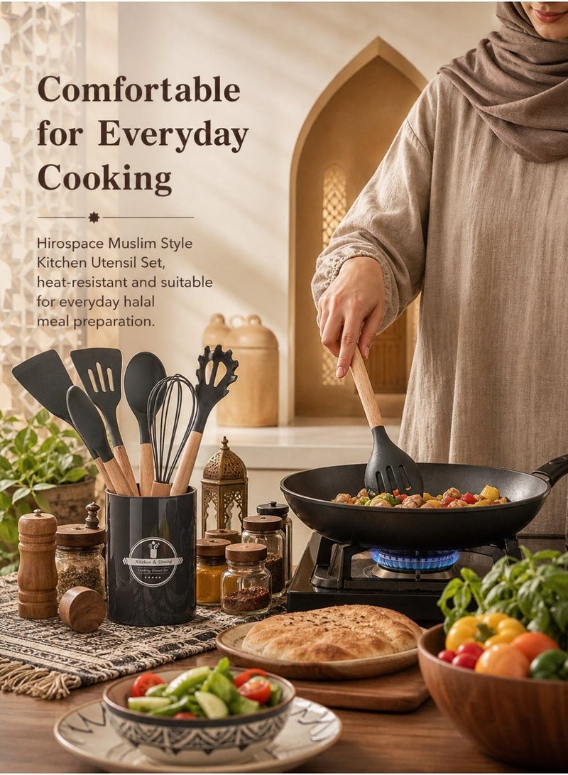Hirospace 12-Piece Silicone Cooking Utensils Set with Wooden Handles-Large Grey Kitchen Spoon Set - Image 4