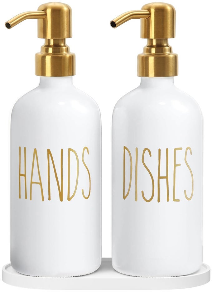 KITCHEN SOAP DISPENSER SET CONTAINS DISH AND HAND SOAP DISPENSER SUITABLE FOR KITCHEN COUNTER DECOR WHITE