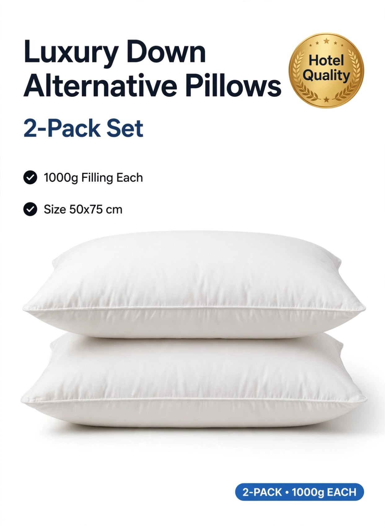 Bed Pillow, 2 Pieces, 1000 Gram Each, Size 50x75 cm, Luxury Down Alternative Filling, Soft Brushed Microfiber, Anti-Allergy, White, Pack of 2