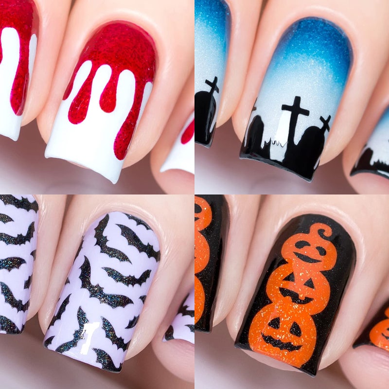 Whats Up Nails  Halloween Nail Vinyl Stencils 4 Pack Dripping Graveyard Bats Pumpkin Topiary for Nail Art Design