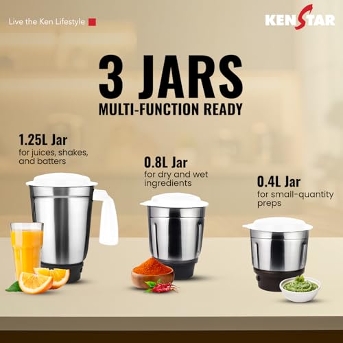 Kenstar SLENDER NEO Mixer Grinder 500 Watts | 3 Multi-Purpose Jars | Powerful Turbo Motor | Overload Safety | White & Purple - Image 3