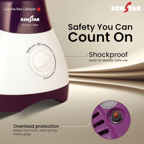 Kenstar SLENDER NEO Mixer Grinder 500 Watts | 3 Multi-Purpose Jars | Powerful Turbo Motor | Overload Safety | White & Purple - Image 4