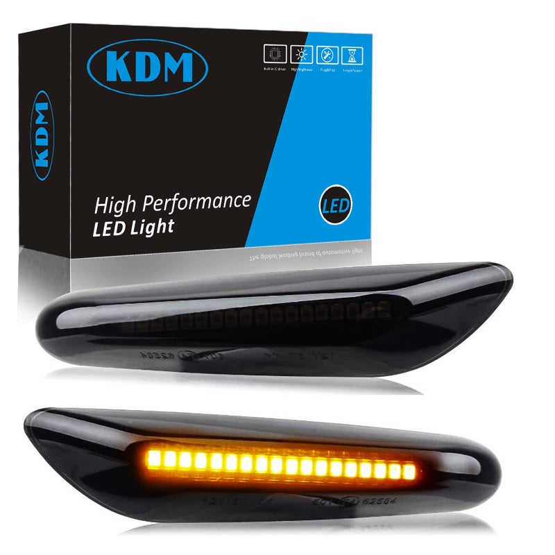 Generic KDM Led Fender Side Marker Lights Fit for BMW E90 E91 E92 E93 E46 E60 E61 E81 E82 E87 E88 E83 X3 E84 X1 325i 328i 335i 330i,Sequential Turn Signal Smoked Lens Amber Lights, 2 Pack - Image 1