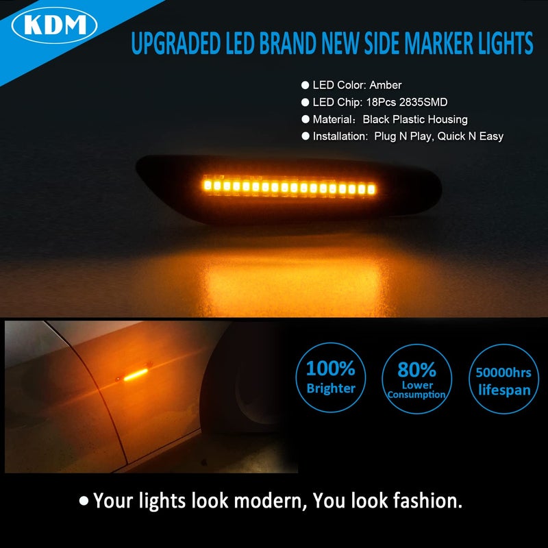 Generic KDM Led Fender Side Marker Lights Fit for BMW E90 E91 E92 E93 E46 E60 E61 E81 E82 E87 E88 E83 X3 E84 X1 325i 328i 335i 330i,Sequential Turn Signal Smoked Lens Amber Lights, 2 Pack - Image 2
