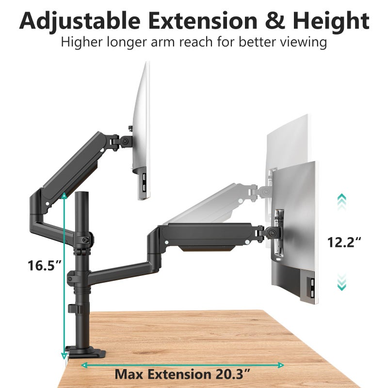 WALI Dual Monitor Mount, 13-32 Inch Adjustable Spring Dual Monitor Arm for Desk Holds Max 19.8 lbs Screens, Swivel Vesa Bracket with C Clamp, Grommet Mounting, Monitor Arms for 2 Monitors (GSDM002) - Image 3
