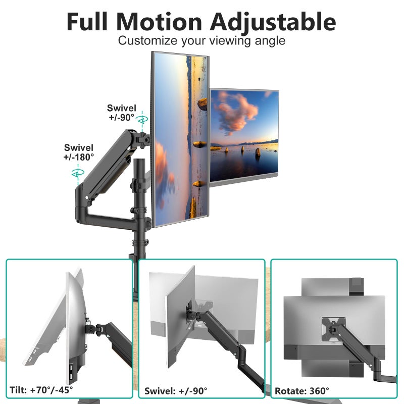 WALI Dual Monitor Mount, 13-32 Inch Adjustable Spring Dual Monitor Arm for Desk Holds Max 19.8 lbs Screens, Swivel Vesa Bracket with C Clamp, Grommet Mounting, Monitor Arms for 2 Monitors (GSDM002) - Image 2