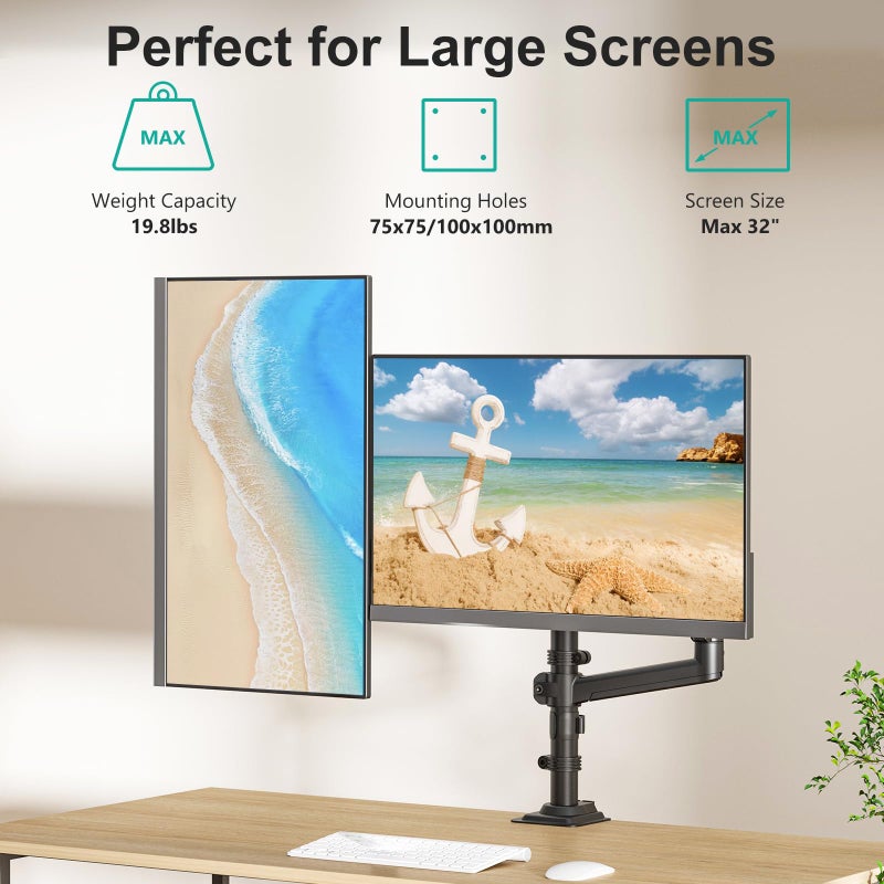 WALI Dual Monitor Mount, 13-32 Inch Adjustable Spring Dual Monitor Arm for Desk Holds Max 19.8 lbs Screens, Swivel Vesa Bracket with C Clamp, Grommet Mounting, Monitor Arms for 2 Monitors (GSDM002) - Image 4