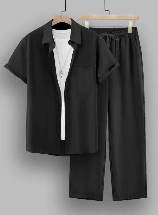 Take Two Men Plus Size Solid Casual Shirt and Pants Co-ord Set - Image 1