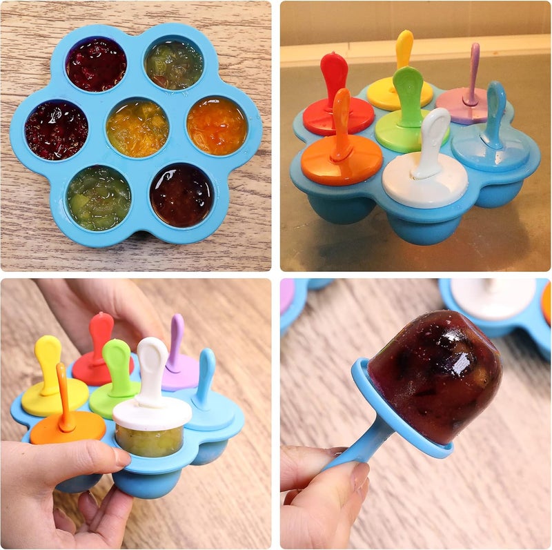 XoYoZo Silicone Popsicle Molds 7-cavity DIY Ice Pop Mold with Colorful Sticks For egg biting ice cream molds storage containers non stick cake molds (Blue) - Image 3