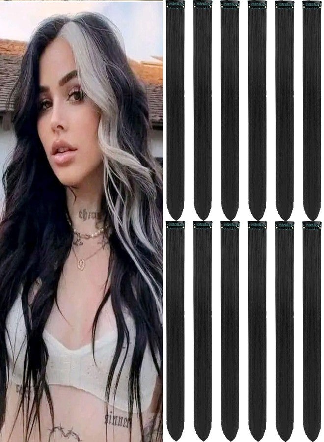 Olldag 12 PCS Black Hair Extensions Clip in, 22 Inch Colored Hair Extensions Party Highlights Long Straight Synthetic Hairpieces for Women Kids Girls - Image 1
