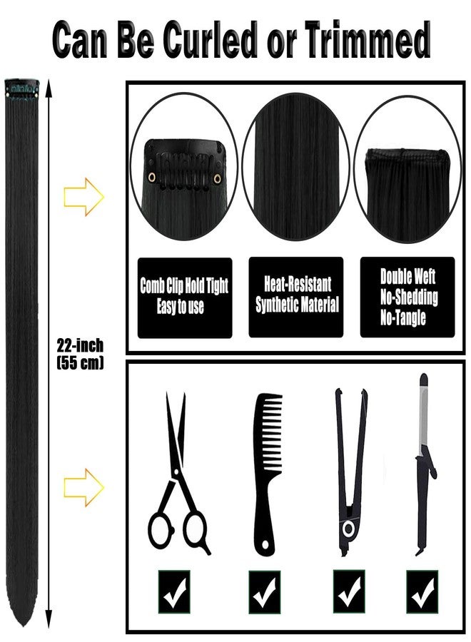 Olldag 12 PCS Black Hair Extensions Clip in, 22 Inch Colored Hair Extensions Party Highlights Long Straight Synthetic Hairpieces for Women Kids Girls - Image 4