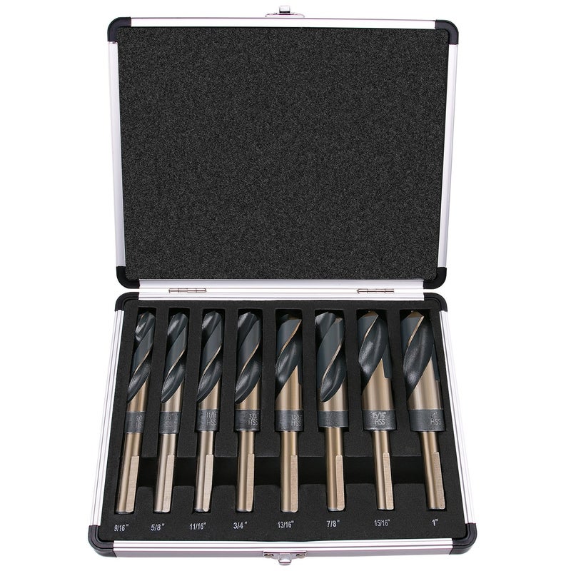 EFFICERE 8-Piece Premium 1/2” Reduced Shank Silver and Deming Large Drill Bit Set in Aluminum Carry Case, M2 High Speed Steel, 135-Degree Split Point | SAE Inch Size 9/16” - 1” by 1/16th Increment - Image 1