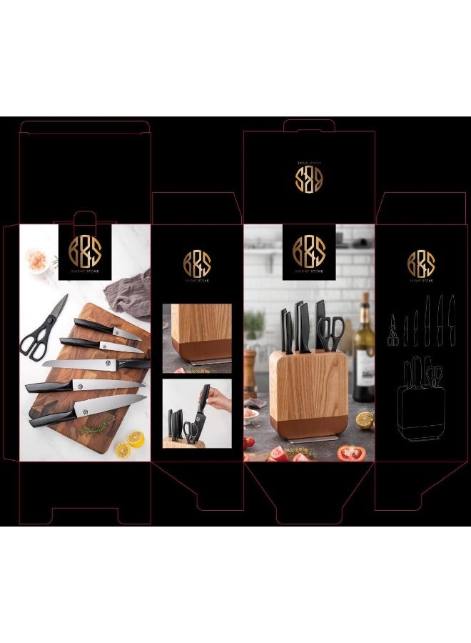 BS B&S Modern Kitchen Knife set 5pcs knife set+scissor, Wooden Stand Black Handles pass the European LFGB standard  - Image 2