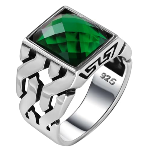 Babylon Silver Men's Solid Genuine 925 Sterling Silver Ring Simulated Green Emerald Handmade Cuban Link Chain Motif Braided Ring (Emerald, 7) - Image 1